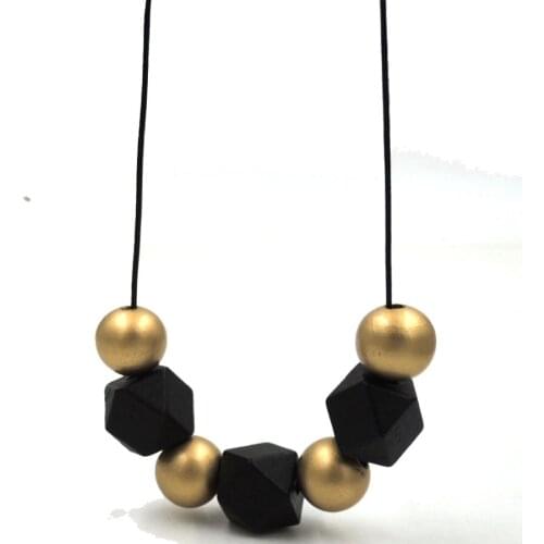 Chunky Round Wooden beads Geometric black gold Bead Necklace pendant Geometric Wood women unique necklace gift NW083