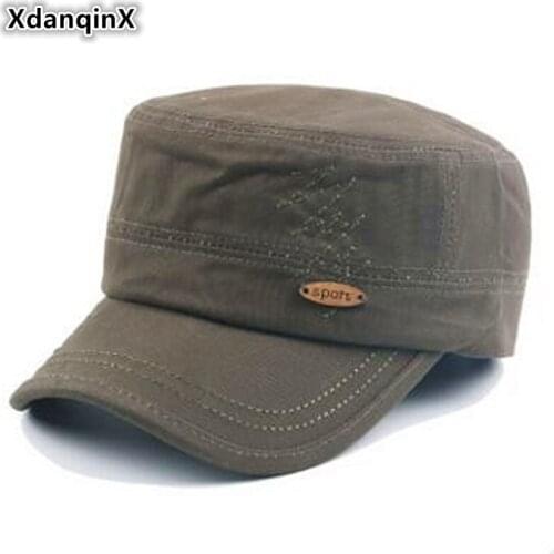 XdanqinX Adult Mens Summer Cotton Retro Military Hats Adjustable Size Flat Top Hat Simple Embroidery Leisure Tongue Caps