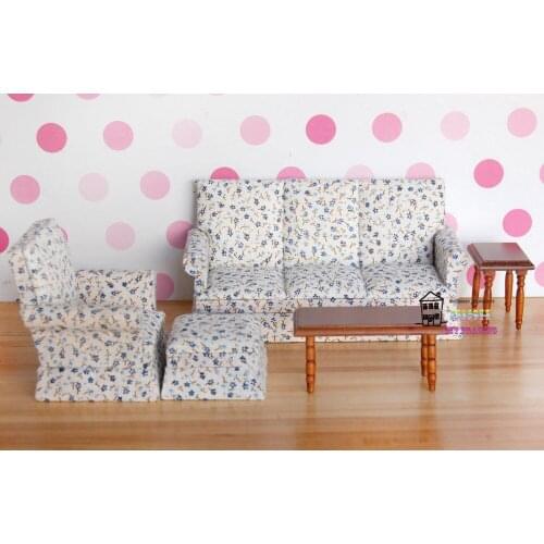 1:12Dollhouse Miniature Dolls Furniture Living Room Set 5 PCS Sofa Armchair Blue flowers Style