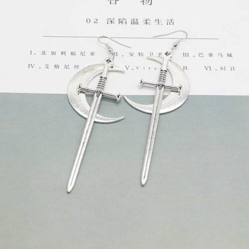 New sword moon pendant earrings witch warrior pagan viking alternative gothic medieval classic women gift jewelry