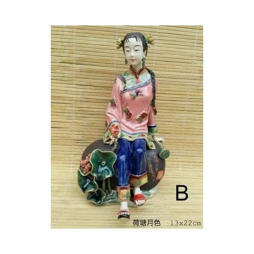 Lotus Pond moonlight ancient beauty Shiwan doll ceramics girl Beauty figure Sculpture statue Home Decoration