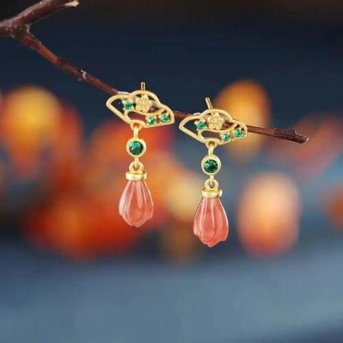 Natural Hetian Jade Magnolia Stud Earrings S925 Sterling Silver Southern Red Agate Stud Earrings Chinese Style Retro Fashion Ear