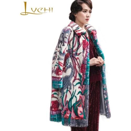 LVCHI Winter2017 Import Print Mink Fur Coats Womens Long Sleeve Coat Full Pelt Causal Mandrin Collar Colorful Medium Mink Coats