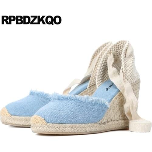 Lace up high heels tie espadrilles pumps plus size round toe denim strap canvas shoes women summer designer sandals 2019 wedge