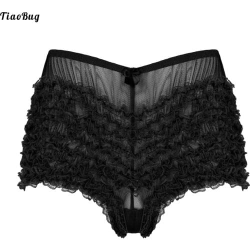 TiaoBug Sissy Gay Men Adult Sexy Lace Ruffle Dance Shorts Elastic Waist Translucent Boxer Underwear Panties For Dance Practice
