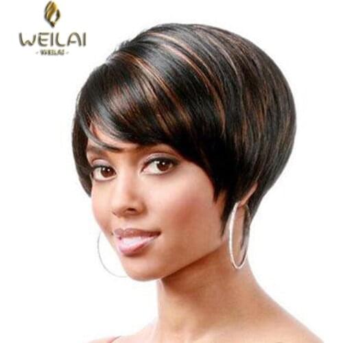 WEILAI 11inches Straight Wig Ombre Black Brown Wig With Bangs Short Synthetic Wigs for Women