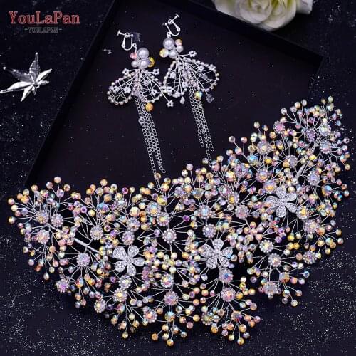YouLaPan HP240-C Colorful Rhinestone Headband Bridal Headdress Tiara and Crown Handmade Wedding Hair Accessories Jewelry Set