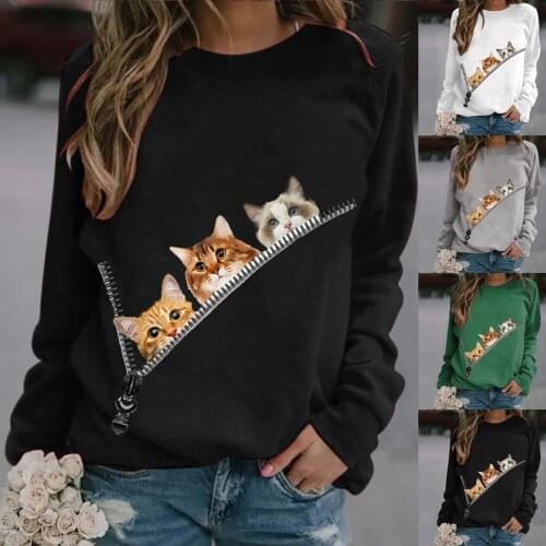 Sweatshirt Women Long Sleeve Printing O-neck Motion Fashion Cat Print Sweatershirt Sudaderas Con Capucha Vetement Femme 2021