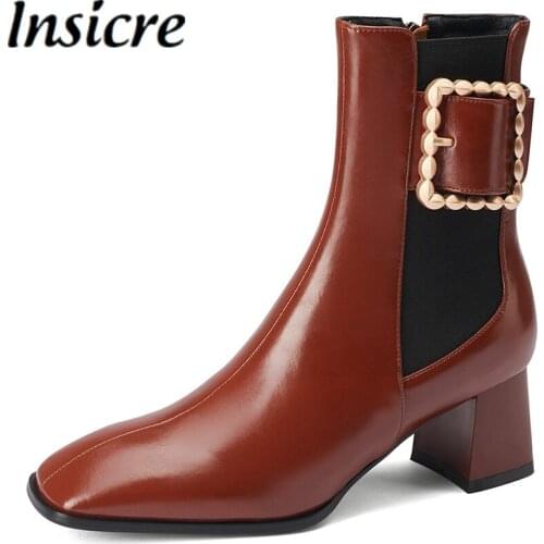 Insicre Cow Split Leather Brown Women Ankle Boots Zipper Metal Bead Knot Square Toe 2021 Winter Shoes Thick High Heels Patchwork