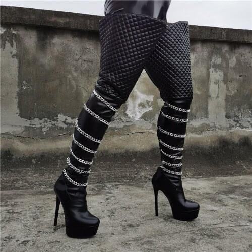 100% Real Picture Thick Platform Over The Knee Black Leather Long Boots Women Super Heel Heeled Thigh High Boots With Chain