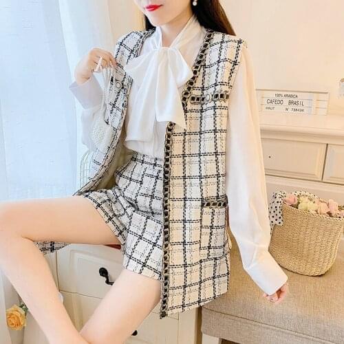 2021 Spring Summer New Large Size Vest Shorts Shirt Fashion Temperament Fried Street Set Female Korean Plaid Three-Piece s322