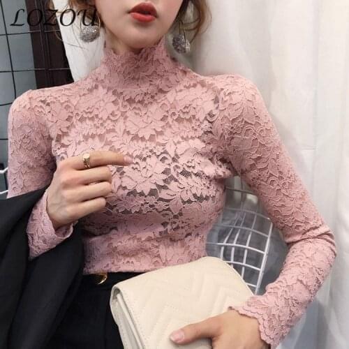 2021 New Womens Sexy Lace Top Hollow Out Sexy Solid Color Long Sleeve Slim T-Shirt Autumn Spring Half-High Collar Elegance
