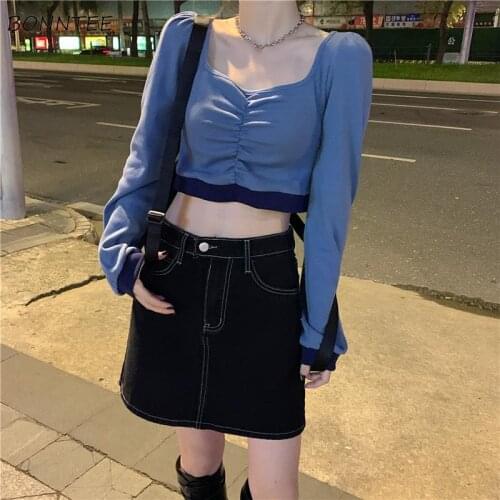 Sweaters Women Thin Cropped Design Spring Leisure Pullover Patchwork Temperament All-match Slim Clothes Long Sleeve Trendy Teens