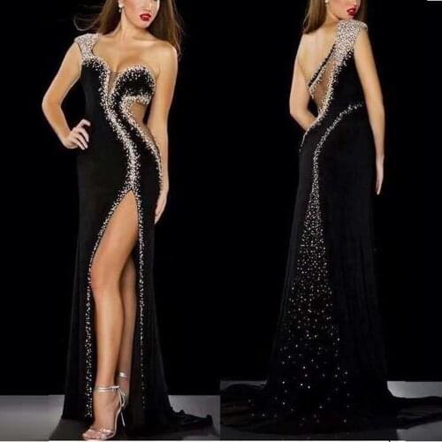 2020 New Sexy Elegant Black Velvet Beading Dress One Shoulder Celebrity Evening Party Long Maxi Dress Fashion HIgh Split Vestido