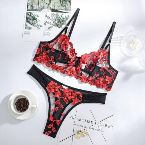 Womens Floral Embroidered Underwear Sexy Sensual Lingerie Bralette Gather Bra and Panty Set mesh See-through Erotic Brief Sets
