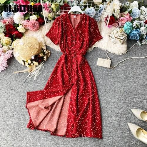 Women 2020 New Summer Beach Dress Temperament Dot Print Bohemian Long Dress Sexy V-Neck Split Slim Lady Midi Dress