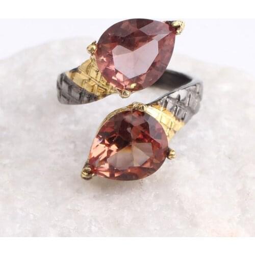 Teardrop Cut Two Sultanite Womens Gold Plated Silver Ring, Woman 925 Silver Sultanite Handmade Ring, Colorchancing Sultanite