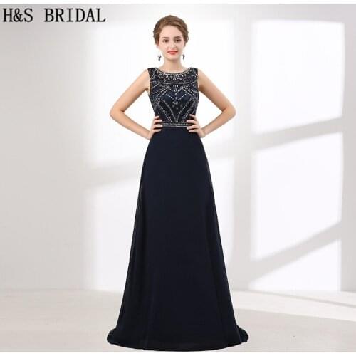 H&S BRIDAL A Line Evening Dress Sequins Crystal O Neck Sleeveless Formal Evening Gown vestido de festa Navy Blue Prom Dresses