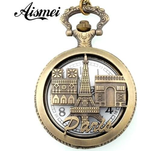 25pcs/lot New arrive Bronze Tone Necklace Chain "PARIS" Eiffel Tower hollow Quartz Pocket Watch wholesale send by EMS or DHL