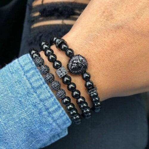 3pcs/set Lion Men Bracelet Sets 2020 New Fashion Vintage Charm Stone Beaded Bracelet For Men Jewelry Gift Pulsera Hombres