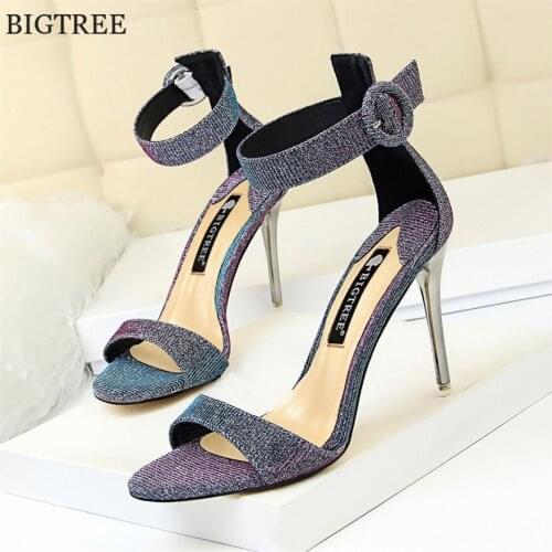 BIGTREE Shoes Women High Heel Pumps Sequined Cloth Open Toe Woman Sandals Ankle Belt Buckle Sexy Party Shoes Ladies Dress Summer