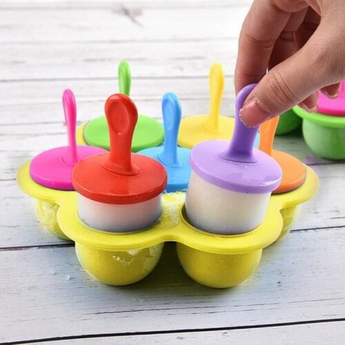 7 Cavity Ice Cream Mold Baby Popsicle Mould Silicone Colored Round Ice Ball Maker Forms With Sticks Ice Tray Lid For Chocolate