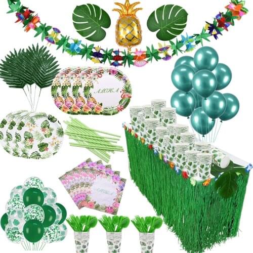 Hawaiian Party Decor Flamingo Theme Tableware Set Pineapple Palm LeavesBalloons Bunting For Birthday Wedding Party Deco Supplies