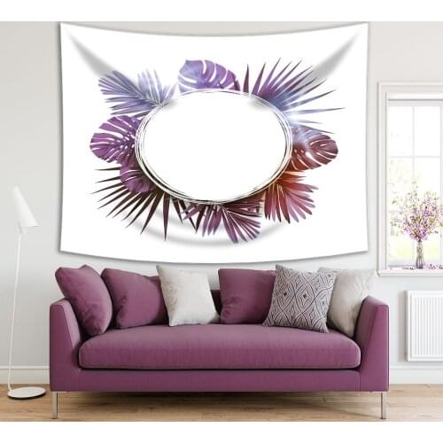 Tapestry Exotic Palm Leaves and Plants Frame Wreath Tropical Theme Floral Artwork Purple Brown White