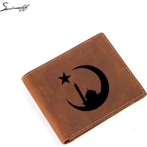 Islam Mosque Muslim Men Wallet Genuine Leather Short Design Purse Credit Card Holder Men engrave Name Wallet with Coin Pocket
