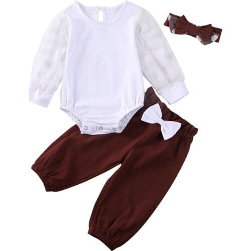 0-24M Newborn Baby Girl Clothes Set Spring Summer Lace Long Sleeve Romper + Bow Pants Headband Outfits Baby Costumes