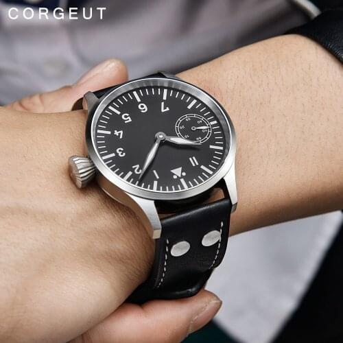 Corgeut 44mm Mechanical Mens Watch 17 Jewels Hand Winding 6497 ST3600 Clock Fashion Luminous Leather Strap Wristwatch Men