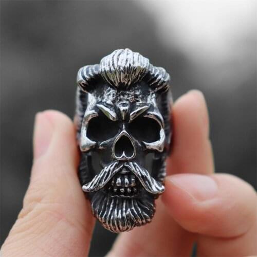 Mens Bearded Skull Ring Stainless Steel Jewelry Punk Biker Rings for Men Gift