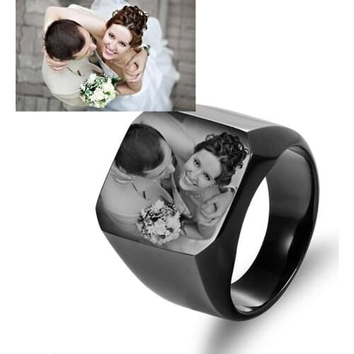Personalized custom engraved name photo ring stainless steel mens signature ring family portrait male engagement ring
