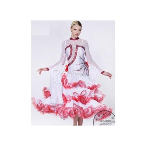 Customize white red Fox trot cha cha ballroom Waltz tango salsa Quick step competition dance dress