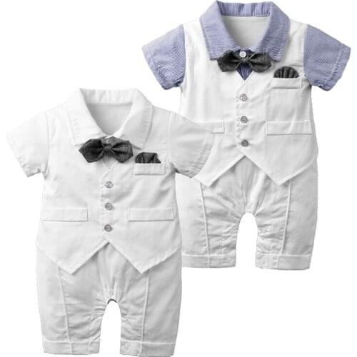 Newborn baby boys clothes summer short sleeve rompers with bow tie kids cotton formal birthday party gentleman clothing MBR263