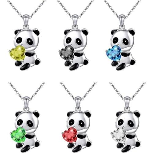 New Fashion Cute Panda Pendant Necklace For Women Sweet Heart Shape Crystal Dangle Chain Necklace Charm Jewelry Girls Gifts