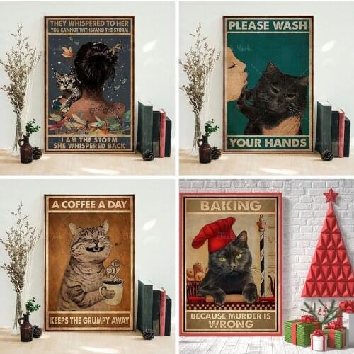 Cat Poster, Wall Decoration, Signs for Home, Girl and Cat art, Love Cat, Gift for Cat Owner, funny Cat art