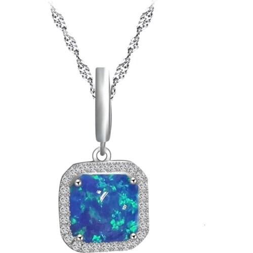 Fashion small fresh square simple blue 925 opal necklace pendant to mothers best gift OP871
