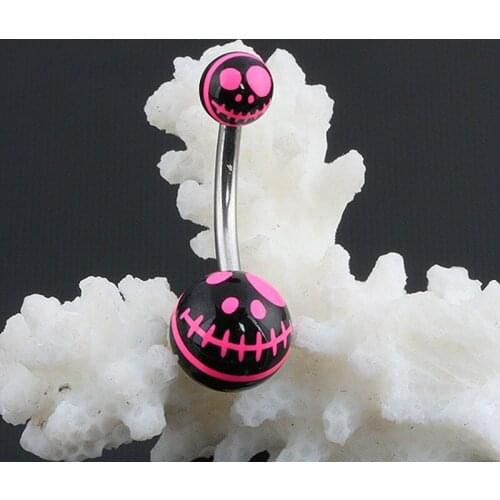 TUMBEELLUWA Fuchsia & Black Skull Head Skeleton Stainless Steel Belly Button Rings Screw Navel Bars Body Piercing
