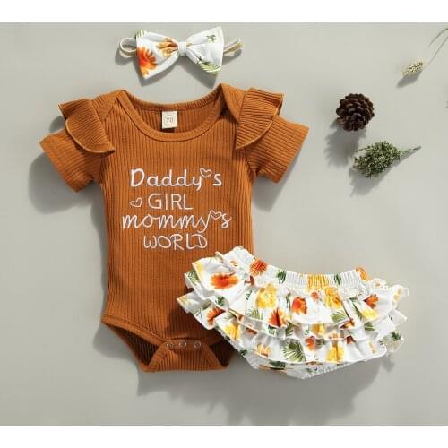 Letter Ruffle Romper + Shorts + Headband Set Jumpsuit Bodysuit Infant Baby Girls 3Pcs Summer Outfit Newborn Short Sleeve Knit