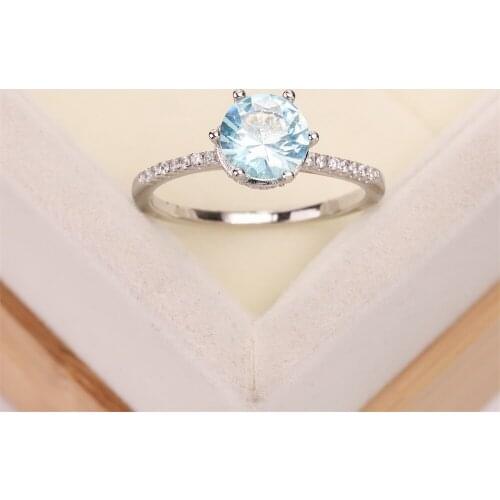 Best-selling Europe and the United States six claw S925 silver wedding rings round ms zircon blue crystal jewelry gifts