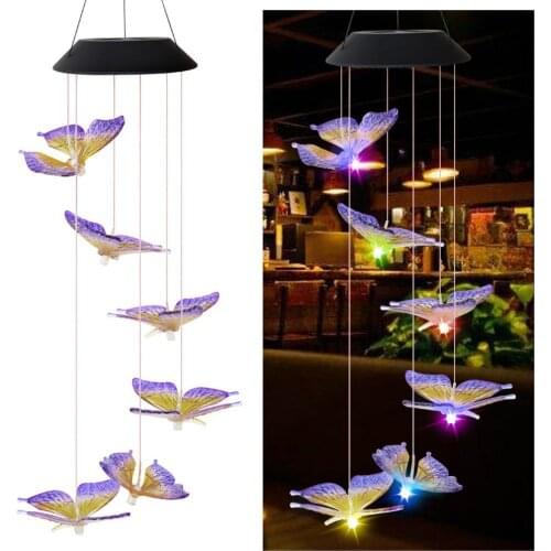 Butterfly Light Fixture Solar Powered Wind Chime Light Led Garden Hanging Lamp Color Changing Family Living Holiday Lighting
