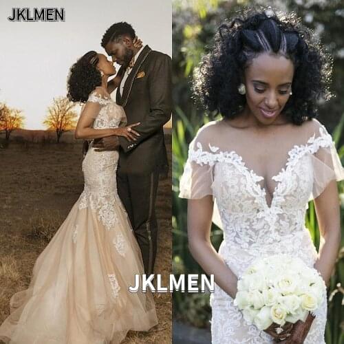 Tulle Lace Champagne Mermaid Wedding Dress Illusion V-neck Bridal Gown Boho Wedding Dress Vestido De Noiva 2021