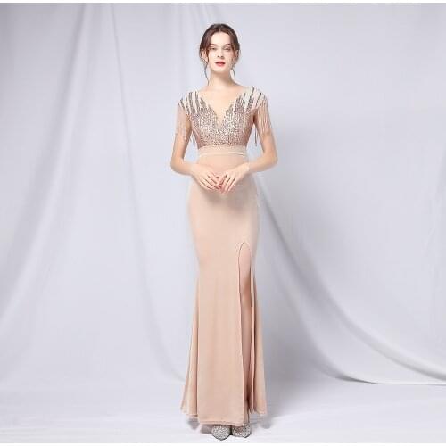 XUCTHHC 2021 Sequins Elegant V Neck Velour Evening Dresses Women Short Sleeve Robe Vestidos Beads Mermaid Slit Party Prom Dress