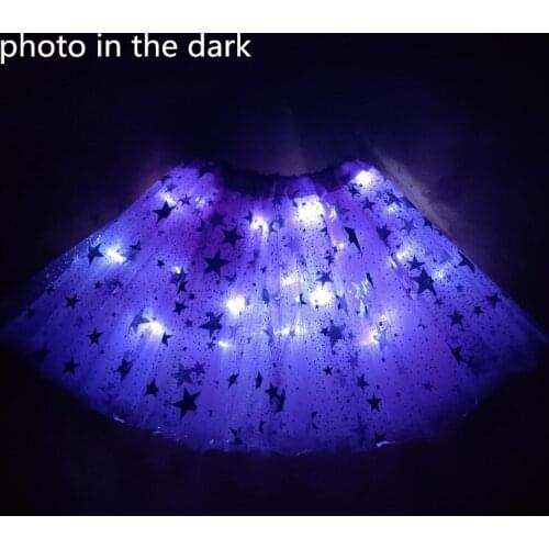 2021 New Mesh Ribbon Light-emitting LED Childrens Skirt Stage Dance Performance Festival Party Big Star Print Shy Purple