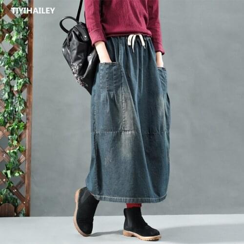 TIYIHAILEY Free Shipping 2020 Cotton Denim Long Mid-calf Skirts For Women Summer Elastic Waist A-line Skirts With Big Pockets