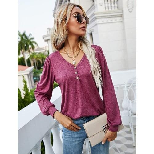 Womens Top Spring Autumn Solid Color T-Shirts Patchwork Button V-Neck Long Sleeve T Shirts Woman Clothing 2021 Casual Loose Top