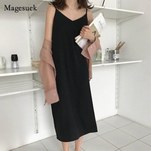Sexy V-neck Sling Summer Dresse New Solid Color Long Black Party Dress Loose Sleeveless Women Maxi Dress Vestidos Mujer 13351