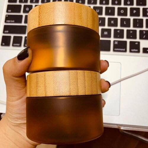 150G 250G Frosted Amber Pet Plastic Cosmetic Container Cream Jar With Bamboo Wooden Lids 8Oz Brown Face Cream Cosmetic Container