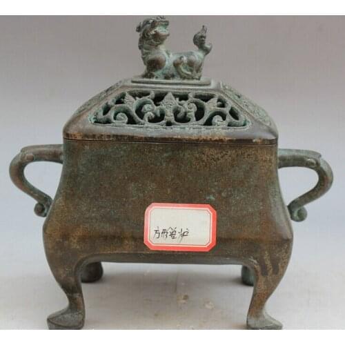 FREE SHIPPING S2003 8" Old Marked Chinese Bronze square Beast Pi Xiu Handle Incense Burner Censer